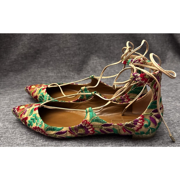 Aquazzura Christy Embroidered Floral Canvas Pointed -Toe Flats Eu 37.5 US 7.5 - Picture 5 of 9